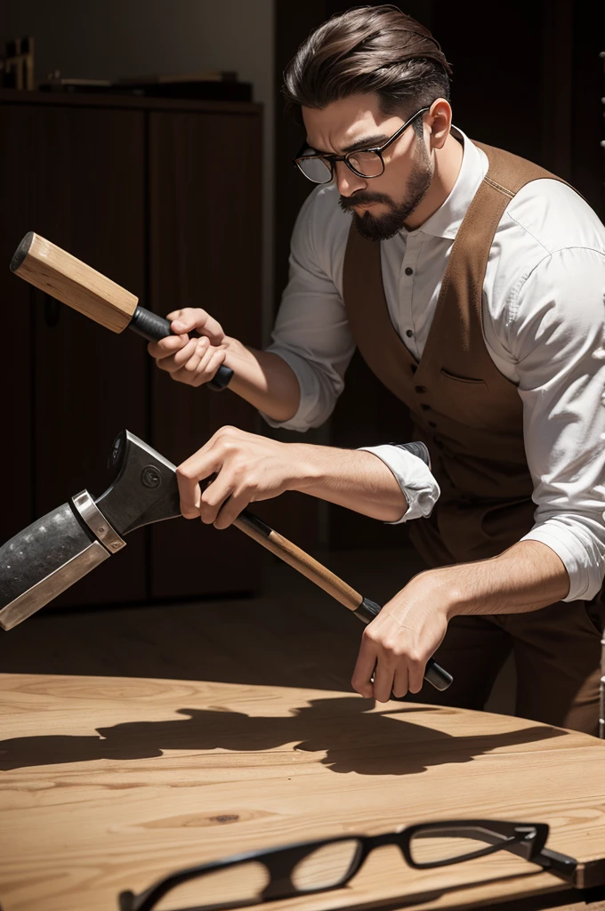 a man holding a sledgehammer to hit an eyeglass frame in front of him on a brown table