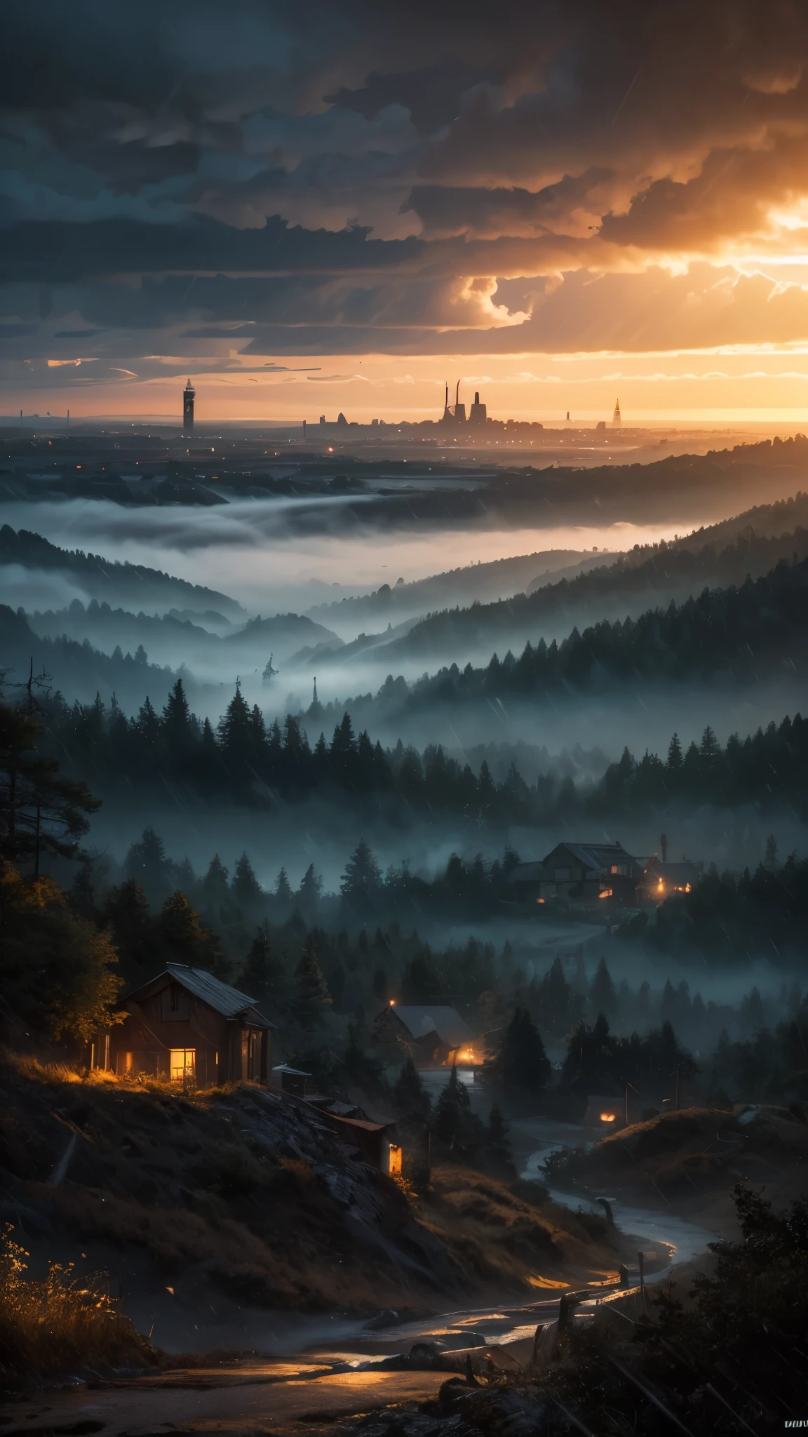 masterpiece, best quality, highly detailed, best quality, UHD, 8k, wallpaper, cinematic, Post-apocalyptic, 5K night landscape, rain, wilderness, dramatic clouds, beautiful colours, scene design, light coronas, light and shadow, cinematic lighting, sharp image, distant city lights, intricate details