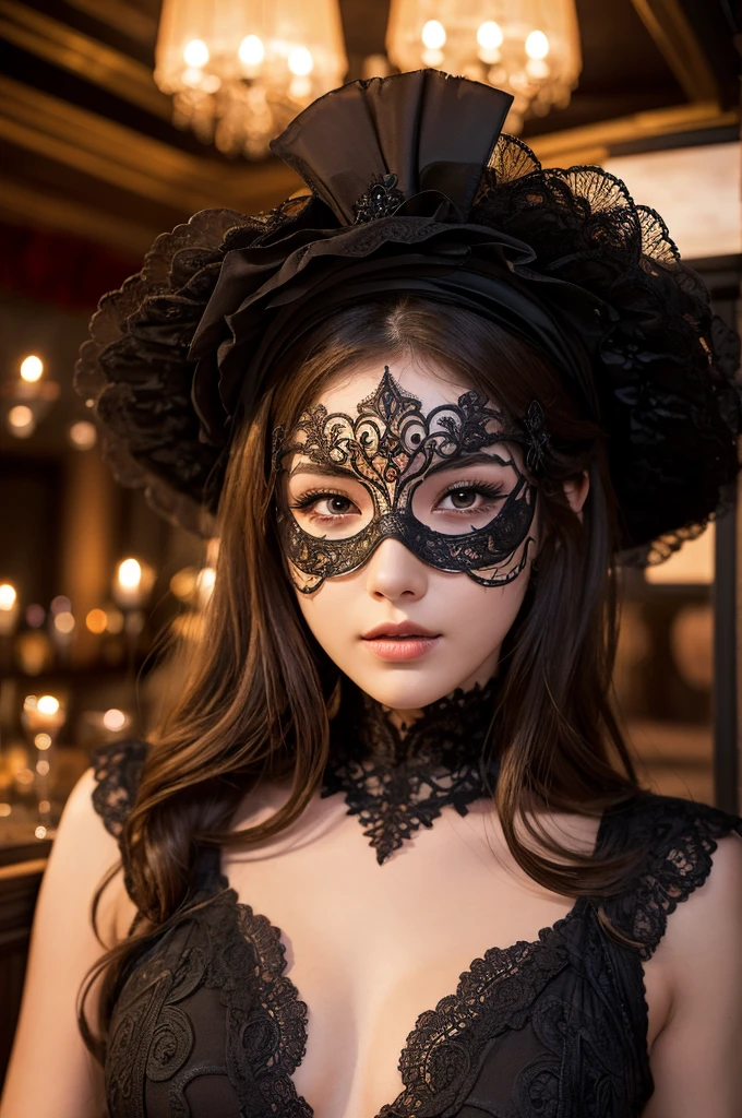 Create a full-body photo of a woman at a secret masquerade party. She is wearing an intricate Venetian mask and an elaborate costume, exuding elegance and mystery. Focus on her sophisticated appearance, highlighting her beautifully detailed eyes and lips. Ensure the face and features are meticulously detailed, with a complex mask design. The scene is set inside a bar with a modern interior and red lighting, creating a moody and enigmatic atmosphere. Use dramatic chiaroscuro lighting with rich shadows to enhance the cinematic quality. The lighting should be dim to emphasize the secretive feel. Ensure the image is of the highest quality, with 4k, 8k resolution, and a masterpiece level of detail. The style should be ultra-detailed, realistic, and photorealistic, with a rich, refined, and captivating color palette. Avoid including any cold masks or mouth masks in the design