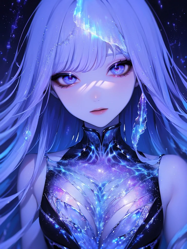 (​master piece),(top-quality:1.2),(8k anime),(blue and purple theme, nebula, galaxie:1.3),stylish anime,1 girl,beautiful detailed blue eyes,(kaleidoscope patterns),fantasy,( magical colors and atmosphere),Detailed skin,mysteriously glowing milky way, undeservedly beautiful,cinematic lighting,sideways glance,high contrast