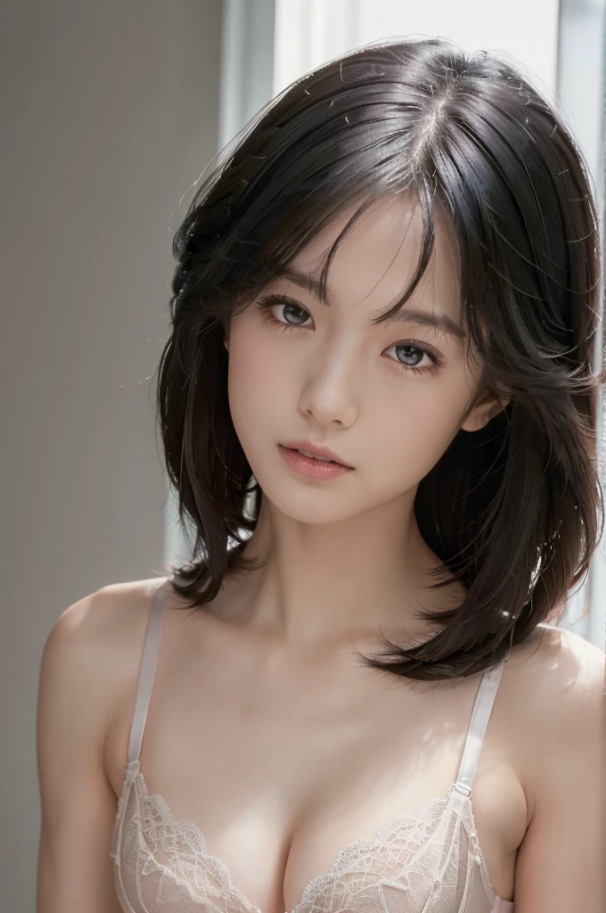 (slender:1.1),(whole body:1.3), (Ultimately realistic 1/2 Cup Bra:1.2), ((Highest quality, 8K, masterpiece: 1.3)), whole body, Outstanding beauty: 1.4, Slim Abs: 1.2,Beautiful Female Hair Portrait Photography by JoSkriver , Double Bang, Hotel Bedroom, (masterpiece) (High resolution) (wallpaper) (Cinema Lighting) (Sharp focus)