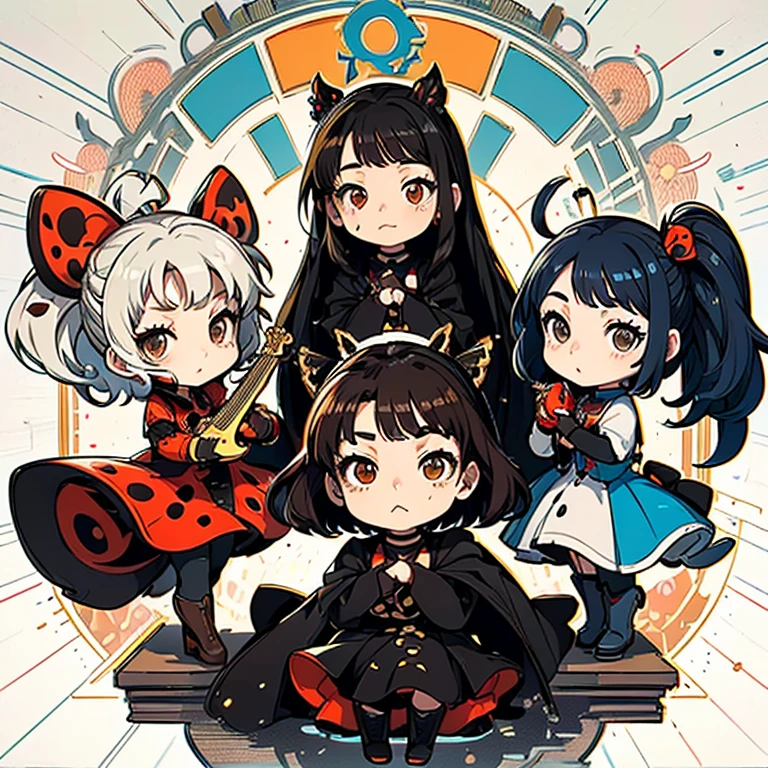 a character with long brown hair and bangs, golden eyes and wearing a childess and brown boots, different angles, in the style of Miraculous Ladybug, character sheet, white background --ar 4:2, character poses,masterpiece、top-quality、ultra-detailliert、(Chibi Chara musicians:1.2)、(Artist Photography Flavor Images:1.2)、band vocals、