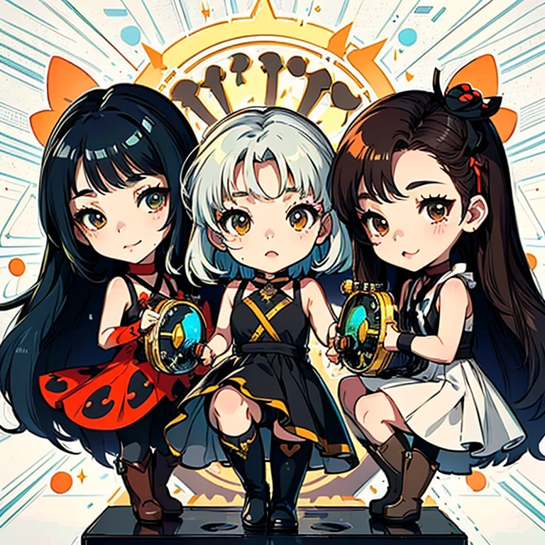 a child character with long brown hair and bangs, golden eyes and wearing a child's dress and brown boots, different angles, in the style of Miraculous Ladybug, character sheet, white background --ar 4:2, character poses,masterpiece、top-quality、ultra-detailliert、(Chibi Chara musicians:1.2)、(Artist Photography Flavor Images:1.2)、band vocals、