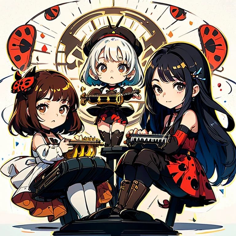 a child character with long brown hair and bangs, golden eyes and wearing a child's dress and brown boots, different angles, in the style of Miraculous Ladybug, character sheet, white background --ar 4:2, character poses，​masterpiece、top-quality、ultra-detailliert、(Chibi Chara　musicians:1.2)、(Artist Photography Flavor Images:1.2)、band vocals、