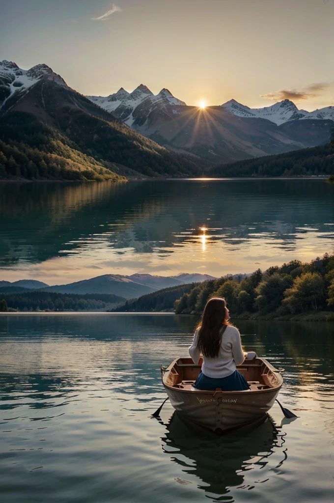 There is a lady sitting in a boat on the water, Immerse yourself in nature, on a boat On the Lake, beautiful place, peaceful, Peaceful and tranquil, pretty lake, In the middle of the lake, On the Lake, sentado em frente a um lago, Epic landscape photos, Calm and serene, very Beautiful scenery, Beautiful scenery, Beautiful scenery, lakeside mountains