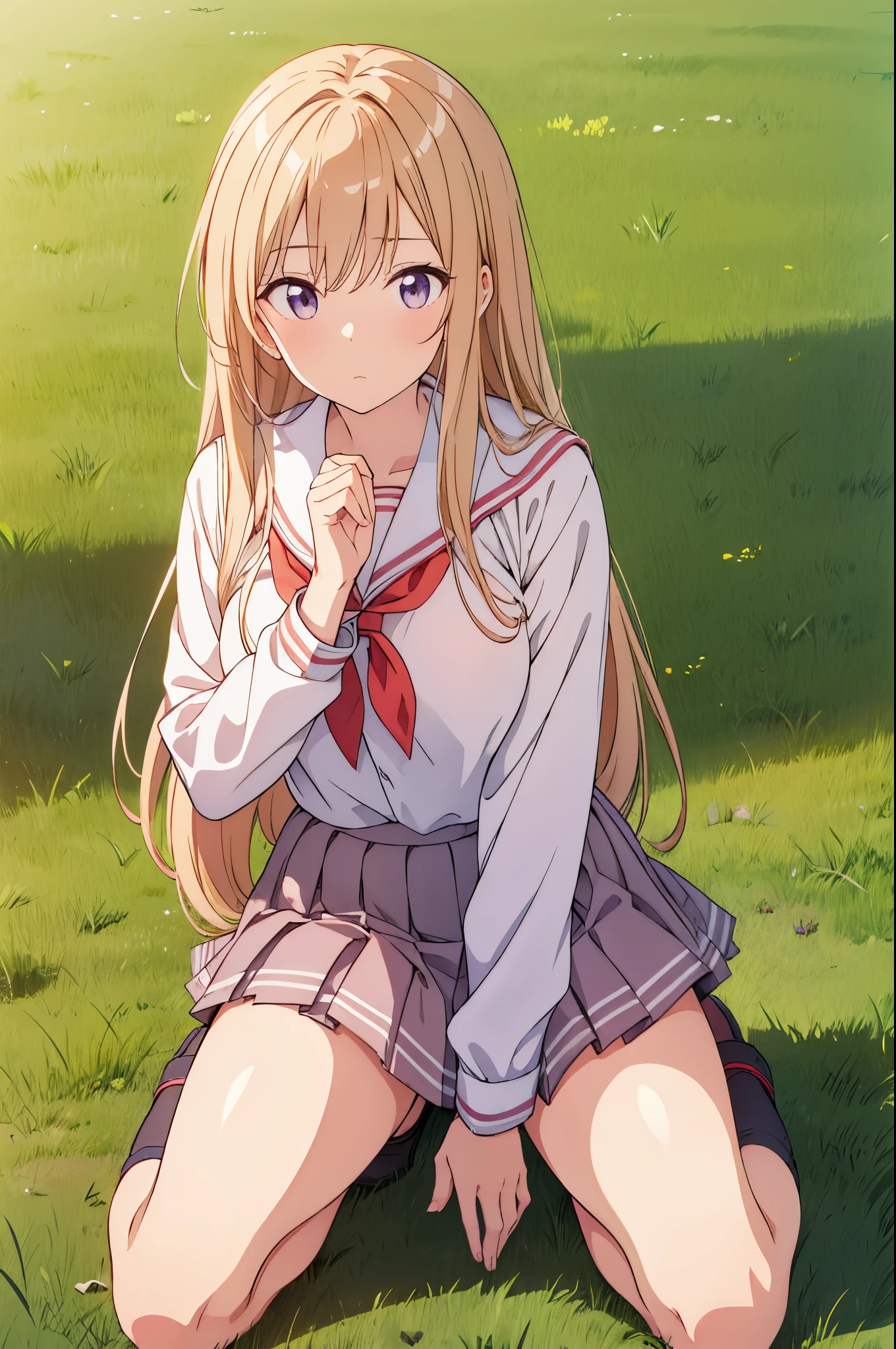 An anime girl kneeling on the ground with her legs crossed in a park square、moving her center of gravity back, Put your hands forward from both feet, Put both feet in the circle of hands, Quite embarrassing, , Thin legs, Tight Skirt, 90 degree knee, Place your heels on the ground, Hands in front of feet, Hold my feet, Kneel, Sidewalk, RAW Photos, 8K, Highest quality, Ultra-high resolution, Beautiful face details, Real human skin, Gentle expression, Front view, Angle from below, Long Hair, Realistic, Realistic, cute, Short skirt, Lurking in the grass, cute女子高生, School uniform, whole body,Five perfect fingers,Perfect Legs,