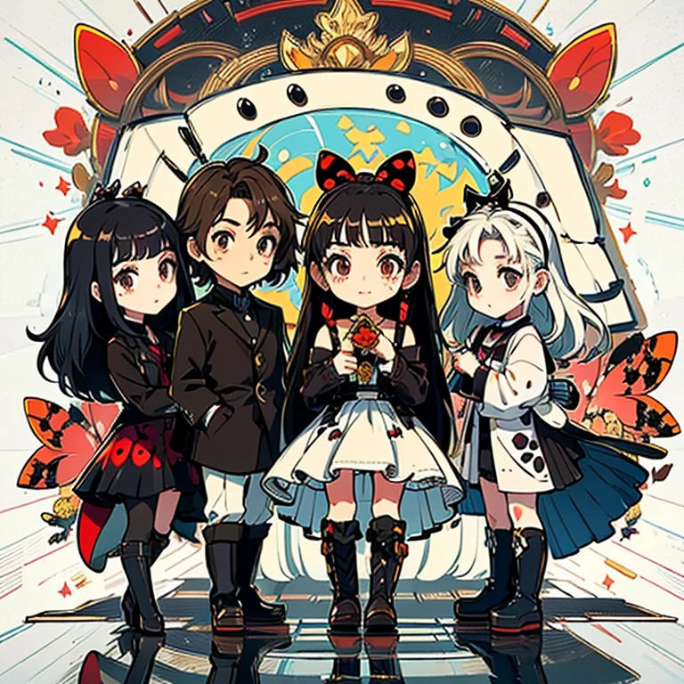 a child character with long brown hair and bangs, golden eyes and wearing a child's dress and brown boots, different angles, in the style of Miraculous Ladybug, character sheet, white background --ar 4:2, character poses,masterpiece、top-quality、ultra-detailliert、(Chibi Chara musicians:1.2)、(Artist Photography Flavor Images:1.2)、band vocals、
