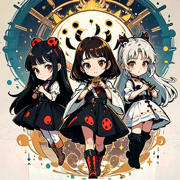 a  character with long brown hair and bangs, golden eyes and wearing a childess and brown boots, different angles, in the style of Miraculous Ladybug, character sheet, white background --ar 4:2, character poses，​masterpiece、top-quality、ultra-detailliert、(Chibi Chara　musicians:1.2)、(Artist Photography Flavor Images:1.2)、band vocals、
