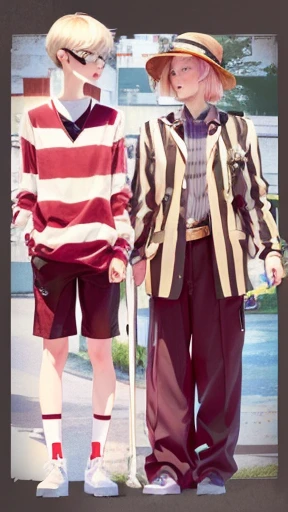 there are two people that are standing next to each other, pixivs and junji ito, red and white stripes, !!full body portrait!!, inspired by Ib Eisner, by Kamisaka Sekka, full body portrait of a short!, inspired by Kaburagi Kiyokata, inspired by Kamisaka Sekka, inspired by Alfred Freddy Krupa