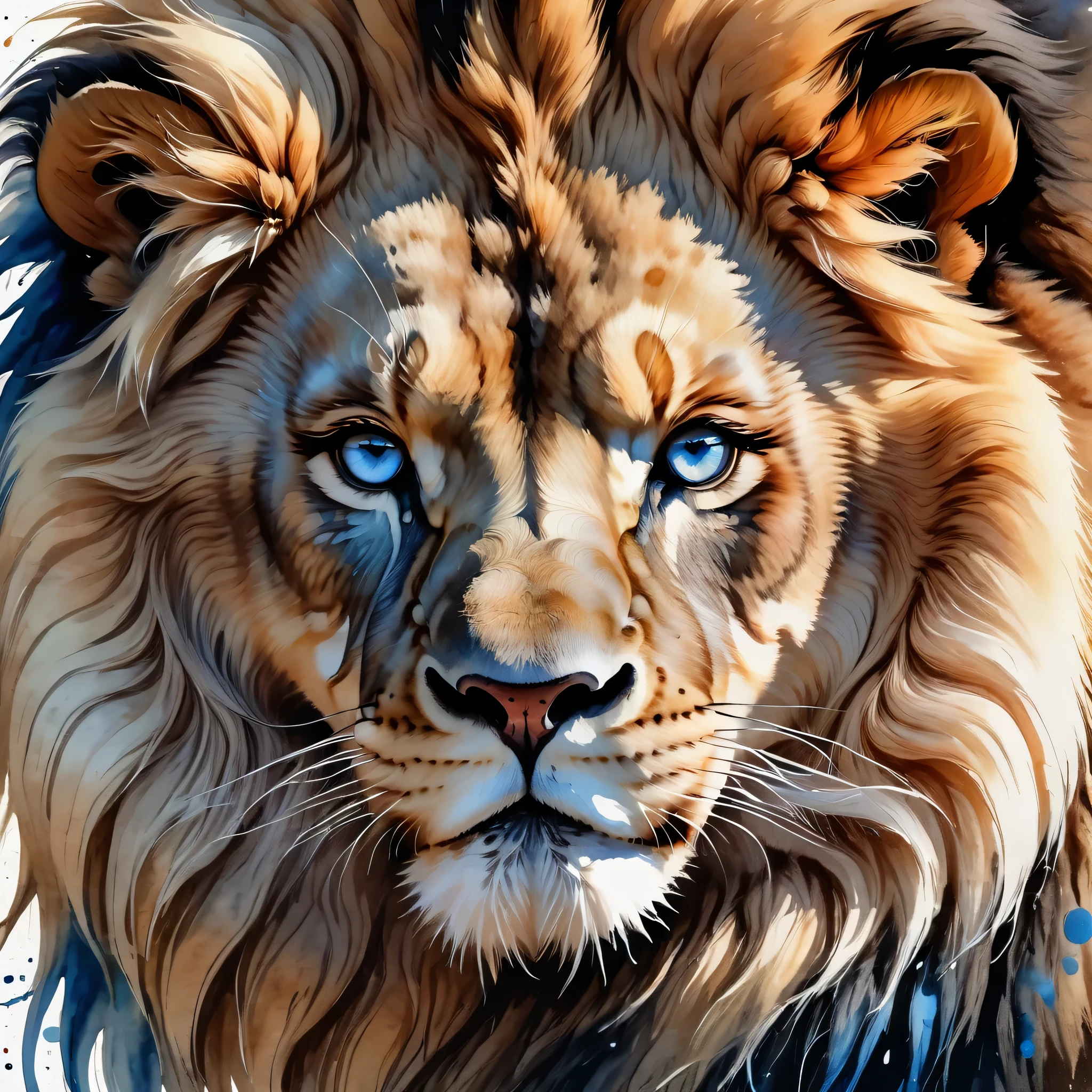 a majestic fluffy lion head, stunning blue eyes, detailed watercolor painting, sharp contours, masterpiece 4k, high definition