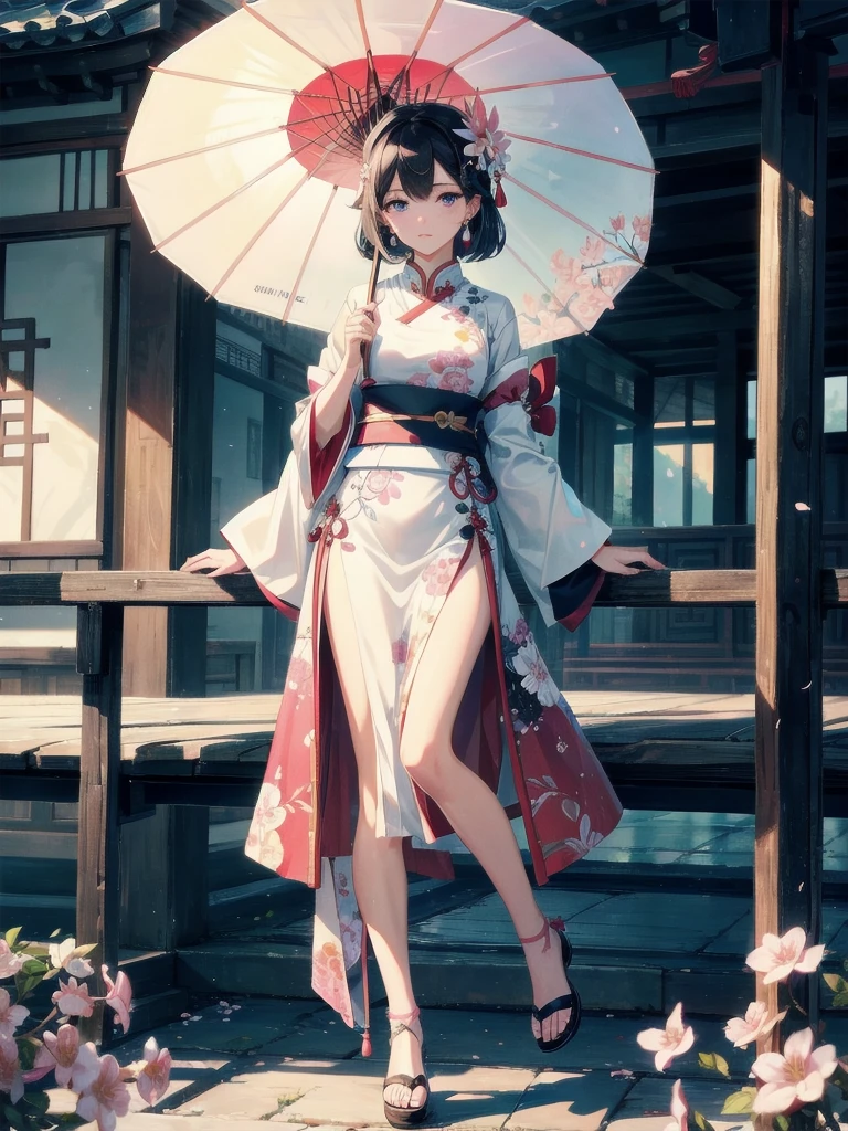 absurdres, RAW photo, extremely delicate and beautiful, masterpiece, Best Quality, ultra high resolution, 32k, hyperrealistic, ultra-detailed, delicate facial features, beautiful detailed woman, tearful mole, earring, medium breasts, (full body shot), medium hair, black hair, Pink and white clothes, long skirt, Flashy clothes, Wide_Sleeves, sash, flower, onmyoji, shoes, Footwear, China_dress, oil-paper_Umbrella,