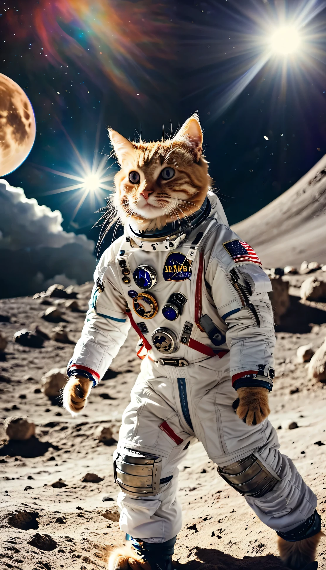 A cat in a spacesuit landed on the moon。Earth in the background。