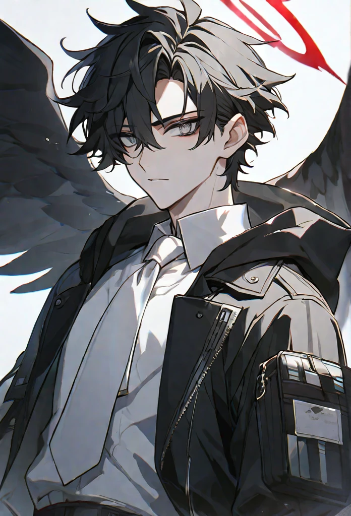 solo, handsome, 1 male, short hair, black hair and white color hair, pale eyes, white shirt, white tie, black hood, black wings, red halo
