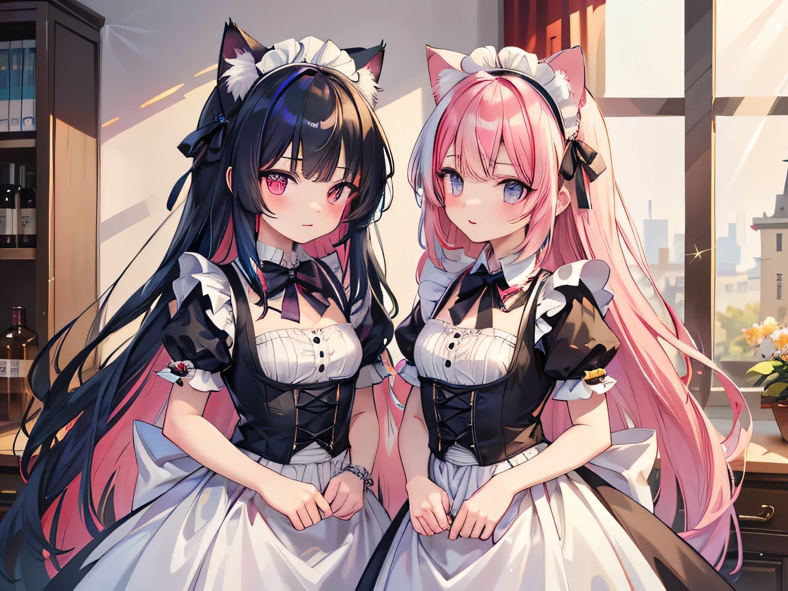 ((multicolored hair)), rainbow hair, blunt bangs, bangs, long hair, hair bow, bead necklace, cat ears, sparkle, reflection light, anatomically correct, high details, best quality, highres, high quality, textured skin, super detail, award winning, 16k, Maid, maid outfit, maid cafe, Victorian mansions, frilly aprons,