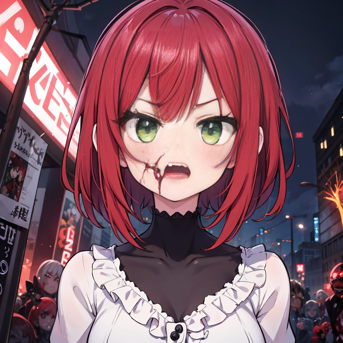 cartoon zombie girl with green eyes and green shirt, red hair short cut, zombie arms stretched out in front, beautiful zombie, zombie, zombie with white eyes, gap moe yandere, horror concept art zombie, scary angry pose, anime monster girl, yandere, 2d anime style, zombie, creepily beautiful zombie, evil zombie, anime style character with red glowing eyes