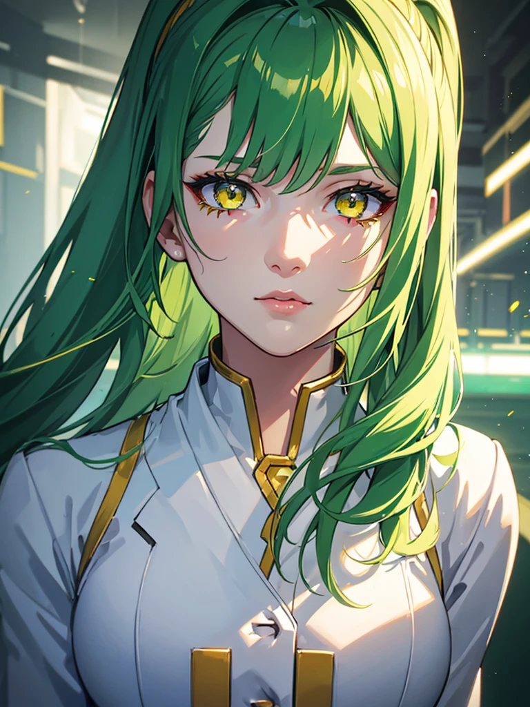 1girl,green hair,yellow eyes,low ponytail,white suit,green overall,upper body,hyper detailed,cinematic lighting,highly detailed facial features,extremely detailed eyes,beautiful detailed lips,beautiful detailed nose,best quality,masterpiece:1.2,professional