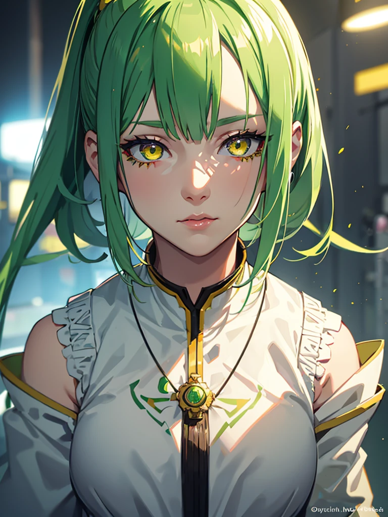 1girl,green hair,yellow eyes,low ponytail,white suit,green overall,upper body,hyper detailed,cinematic lighting,highly detailed facial features,extremely detailed eyes,beautiful detailed lips,beautiful detailed nose,best quality,masterpiece:1.2,professional