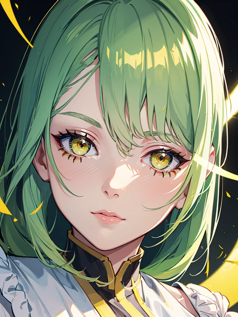 1girl,green hair,yellow eyes,low ponytail,white suit,green overall,upper body,hyper detailed,cinematic lighting,highly detailed facial features,extremely detailed eyes,beautiful detailed lips,beautiful detailed nose,best quality,masterpiece:1.2,professional