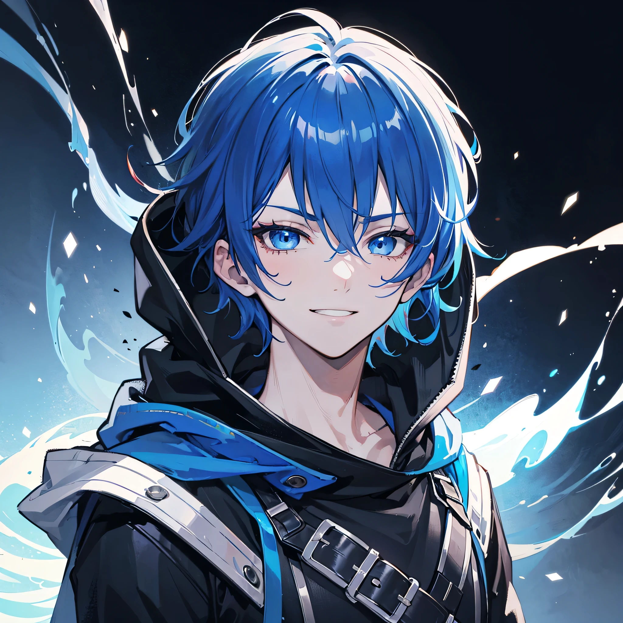 1 boy, close up face,
a handsome young man, short cut,blue hair, blue eyes, mischievous smile, large hooded sweatshirt, detailed portrait, cinematic lighting, dramatic colors, intricate details, striking pose, moody atmosphere