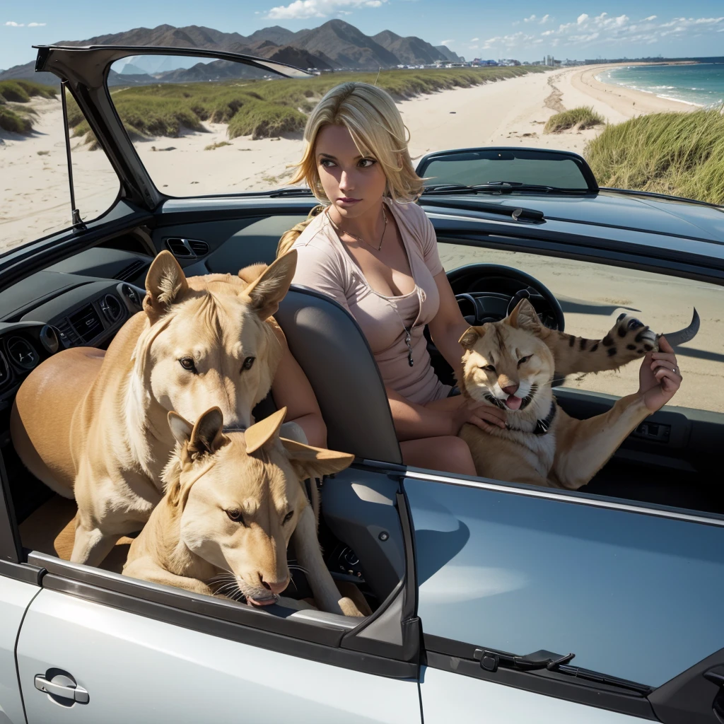 The animal Cricket with blond hair riding in a car on the beach