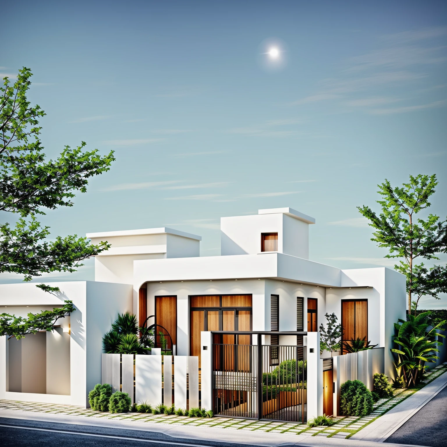 Minimalist modern architecture, The main materials of the house include white walls and wood paneling, trần ốp gỗ, glass railing, hình ảnh chân thực, extremely detailed, a modern house, 1 road in front of the house, Large yard made from ceramic tiles, brick fence, grass, go bông hoa nhỏ, a road in front of the house, The main materials of the house are white walls and bricks, trần ốp gỗ, Modern design, blue sky, (warm light from inside 1.2), Dynamic lighting, sparkling light, cinematic lighting, how to read it mạn, (((night light, warm light)))