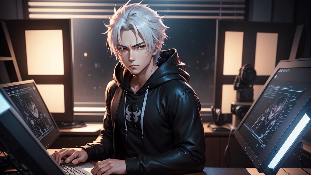 a 25-year-old friendly-looking anime man sitting behind a desk in a futuristic studio, wearing a black hoodie. window background, smooth, soft, ultra-sharp, detailed, looking straight forward, centered in the image, straight, front-facing a camera. handsome anime pose, anime lush john 8k woods, realistic anime artstyle, young anime man, high quality anime artstyle, anime style 4 k, handsome guy in demon slayer art, anime handsome man, trigger anime artstyle, realistic artstyle, in an anime style, realistic anime 3 d style,