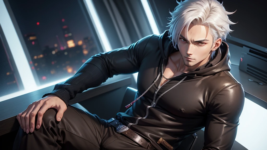 a 25-year-old friendly-looking anime man sitting behind a desk in a futuristic studio, wearing a black hoodie. window background, smooth, soft, ultra-sharp, detailed, looking straight forward, centered in the image, straight, front-facing a camera. handsome anime pose, anime lush john 8k woods, realistic anime artstyle, young anime man, high quality anime artstyle, anime style 4 k, handsome guy in demon slayer art, anime handsome man, trigger anime artstyle, realistic artstyle, in an anime style, realistic anime 3 d style,