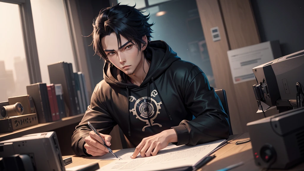 a 25-year-old friendly-looking anime man sitting behind a desk in a futuristic studio, wearing a black hoodie. window background, smooth, soft, ultra-sharp, detailed, looking straight forward, centered in the image, straight, front-facing a camera. handsome anime pose, anime lush john 8k woods, realistic anime artstyle, young anime man, high quality anime artstyle, anime style 4 k, handsome guy in demon slayer art, anime handsome man, trigger anime artstyle, realistic artstyle, in an anime style, realistic anime 3 d style,