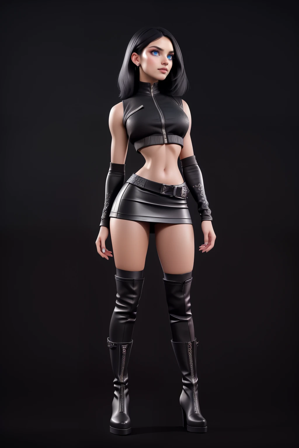 beautiful girl, ((standing:1.4)), (confident gaze:1.1), full body, short bright neon streaked black hair, ((realistic highly detailed eyes:1.4)), ((seductive pose:1.2)), fit, Athletic, black eyeshadow, (street style wear:1.2), ((short skirt)), ((knee high leather boots)),((dark plain black background:1.4)), dark makeup, digital art, trending on artstation, highly detailed, fine detail, intricate, detailed facial features, sharp focus, smooth, aesthetic,