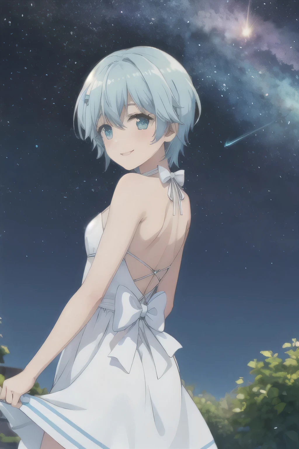 Starry Sky,meteor,Blue Hair,Acting cute,White Dress,Back,White bow hairpin,Look Back,Smile