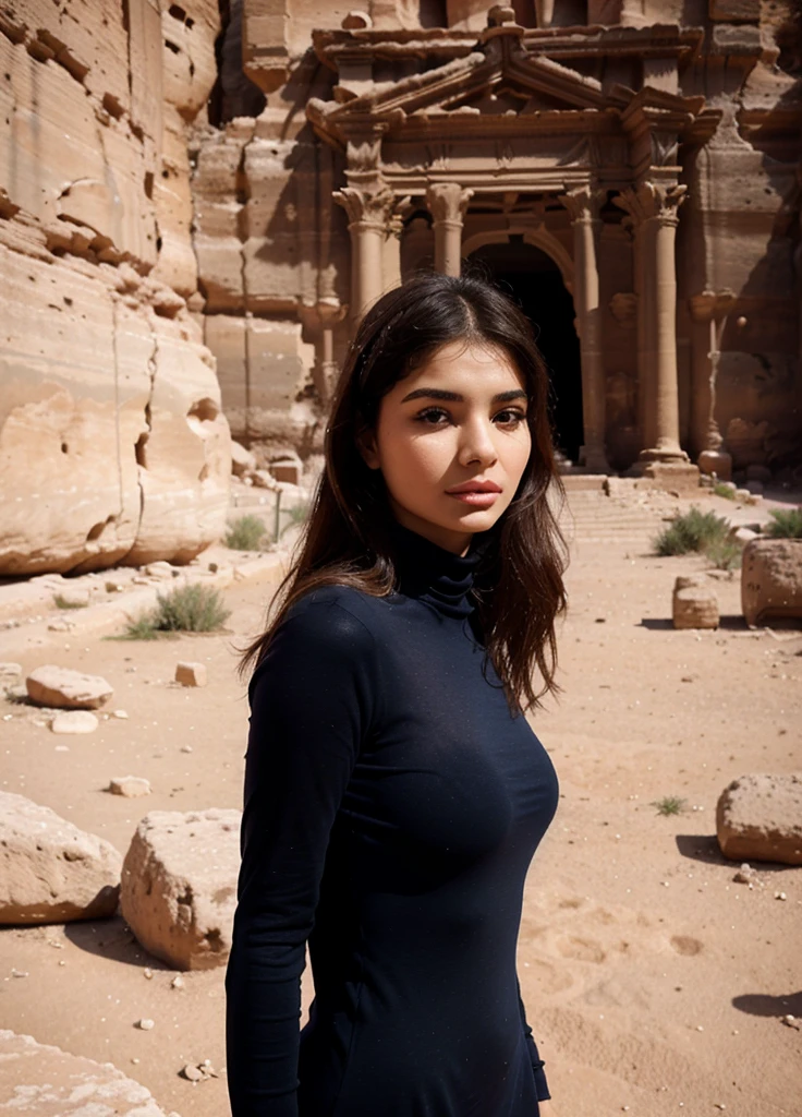 femme arafée dans une robe bleue debout sur un escalier en pierre, Arab girl in the ruins of Petra, Portrait clair de Demi Rose, ruins of Petra behind her, cinematic goddess photo, gorgeous woman, beautiful goddess, demi rose, drapé dans un tissu transparent, beautiful woman, Mia Khalifa, photo du corps d'a goddess cinématographique, superb giant photo of'a goddess
