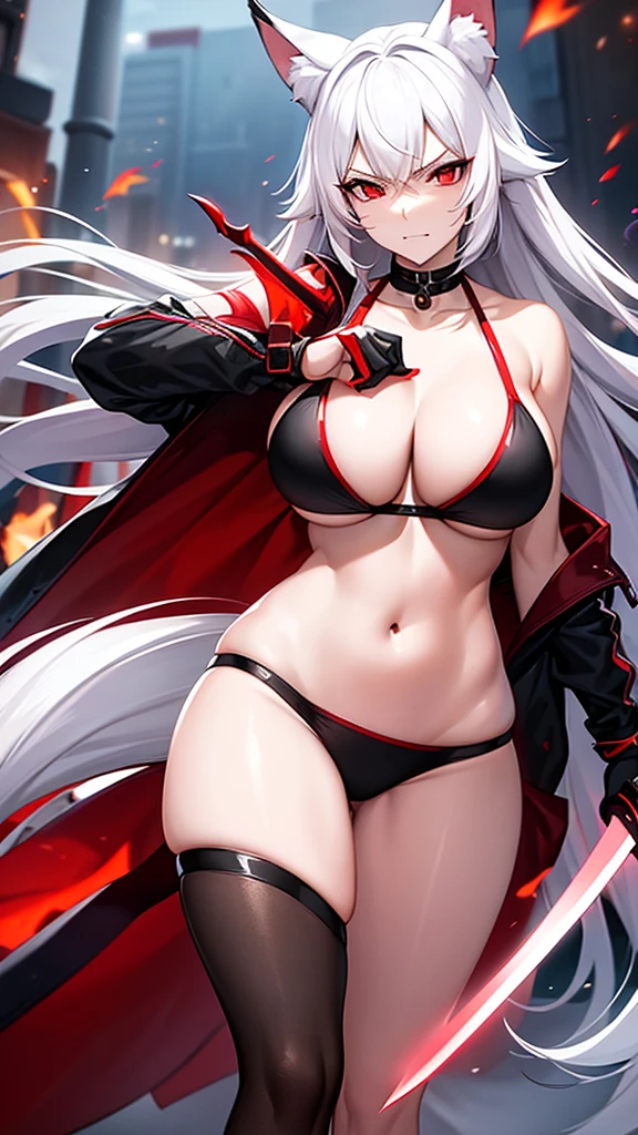 An adult woman half fox and wolf, wide breasts, red eyes, white hair, very angry, in a black bikini, on her back, looking back, holding a sword, and very sexy