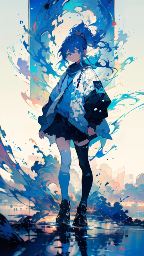 Blue-haired side ponytail，Design clothing，Seven-doppelganger shot，Anime style 4K，Anime girl with teal hair，High quality anime art style，Standing painting，Splash ink background，Blue Themes。