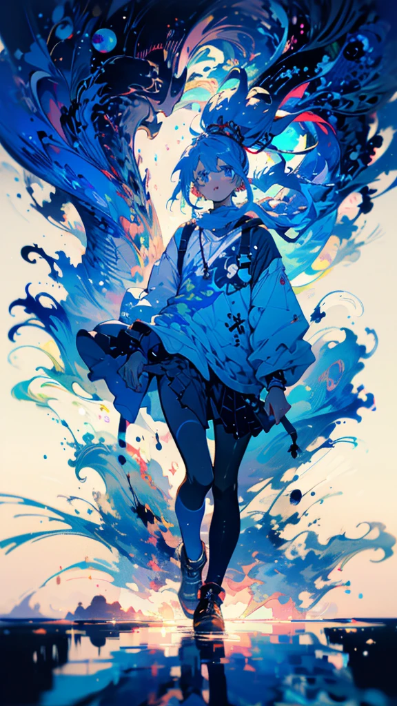 Blue-haired side ponytail,Design clothing,Seven-doppelganger shot,Anime style 4K,Anime girl with teal hair,High quality anime art style,Standing painting,Splash ink background,Blue Themes。
