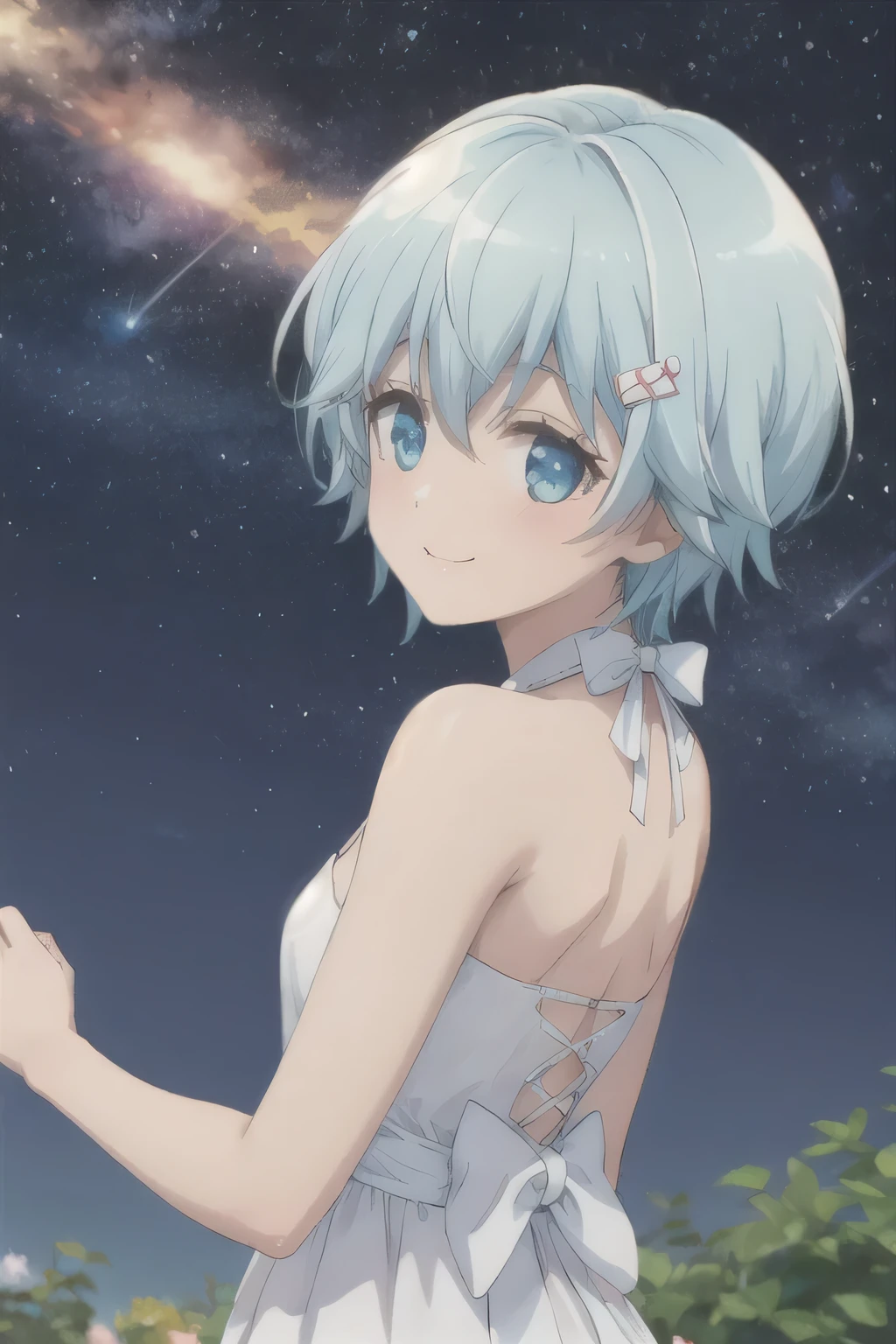Starry Sky，meteor，Blue Hair，Acting cute，White Dress，Back，White bow hairpin，Look Back，Smile