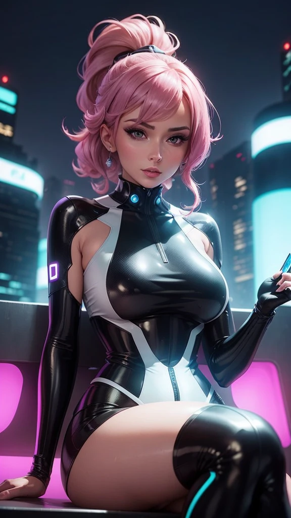 The same seductive woman, very productive, is standing in the futuristic city park in the year 2050, facing the camera from the right side while operating a high-tech device. The background features minimalist buildings and flying vehicles.