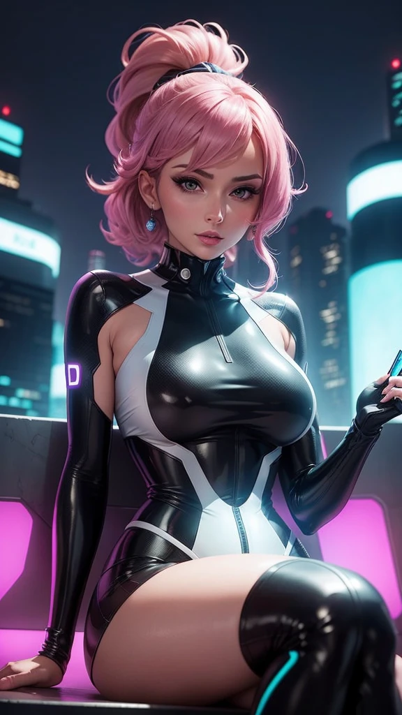 The same seductive woman, very productive, is standing in the futuristic city park in the year 2050, facing the camera from the right side while operating a high-tech device. The background features minimalist buildings and flying vehicles.