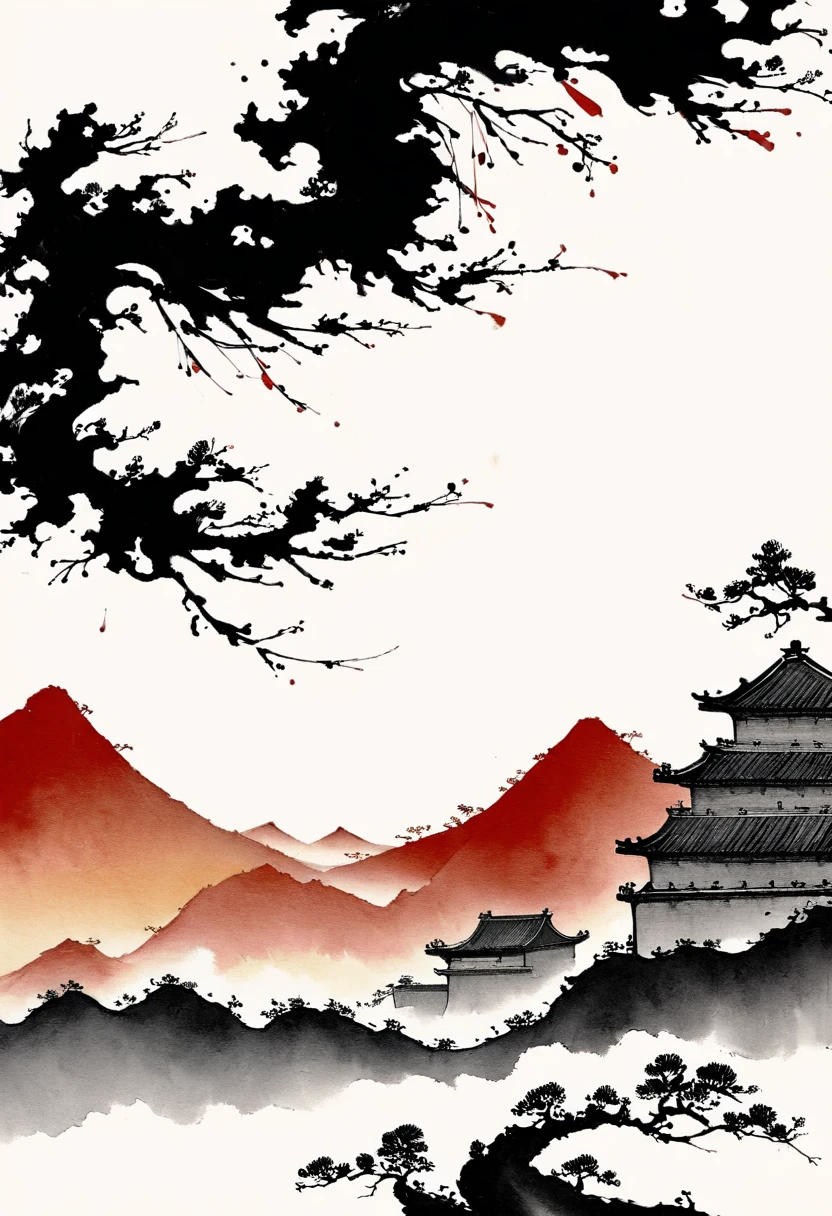 中国Ink Painting, Gray and White, Minimum, Wire, White background,Great Wall, Minimalism, Wire性风格, Huge negative space, Ink Painting, Abstract，Blood-stained sunset