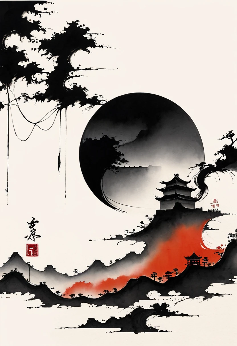中国Ink Painting, Gray and White, Minimum, Wire, White background,Great Wall, Minimalism, Wire性风格, Huge negative space, Ink Painting, Abstract,Blood-stained sunset
