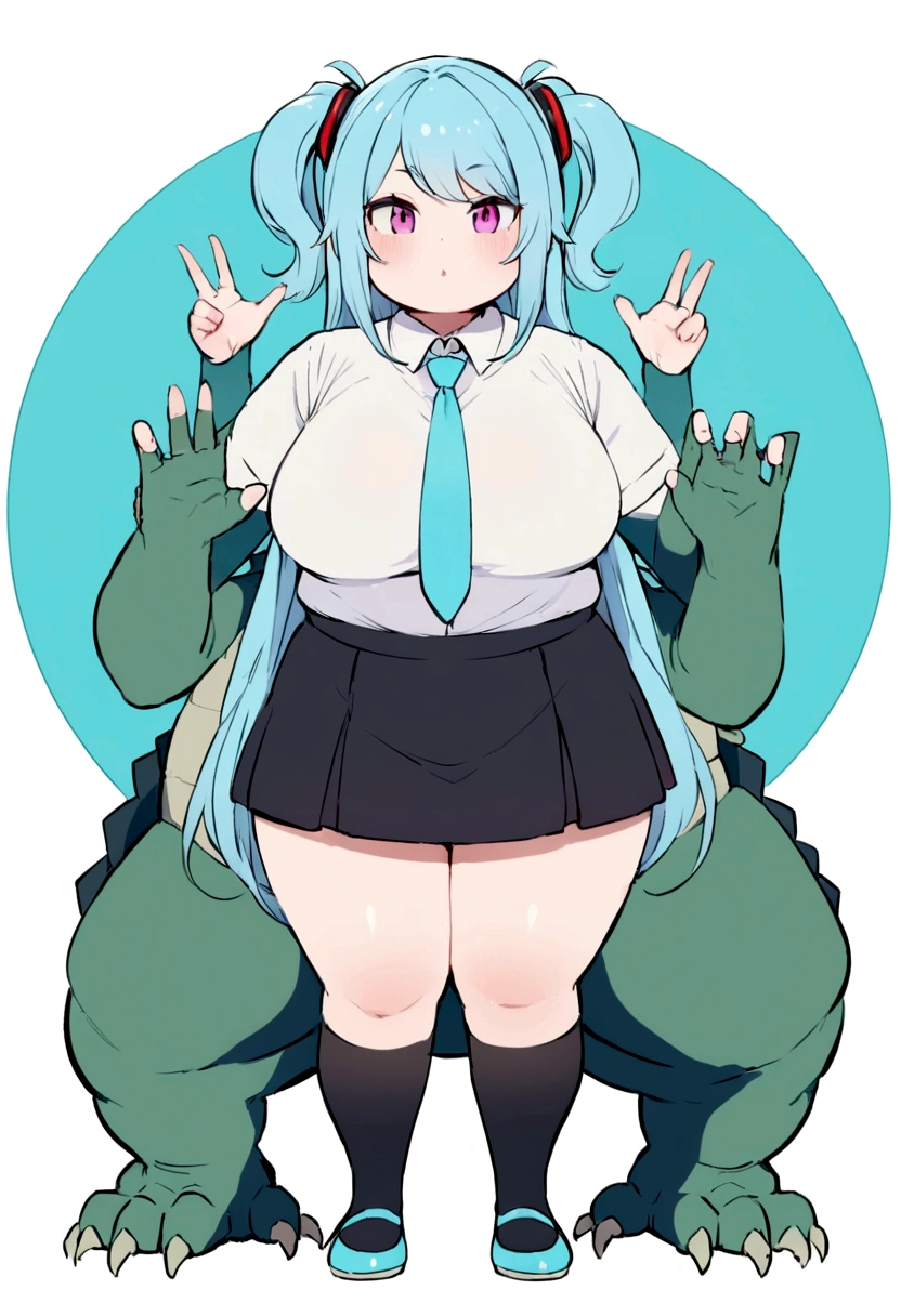 Lost in the City Lights,Black skirt,Light blue tie,Full body,Twin-tailed,lightblue hair,length hair,(Background Aqua),Five fingers,miku,Godzilla,Chubby Girls,cosplay