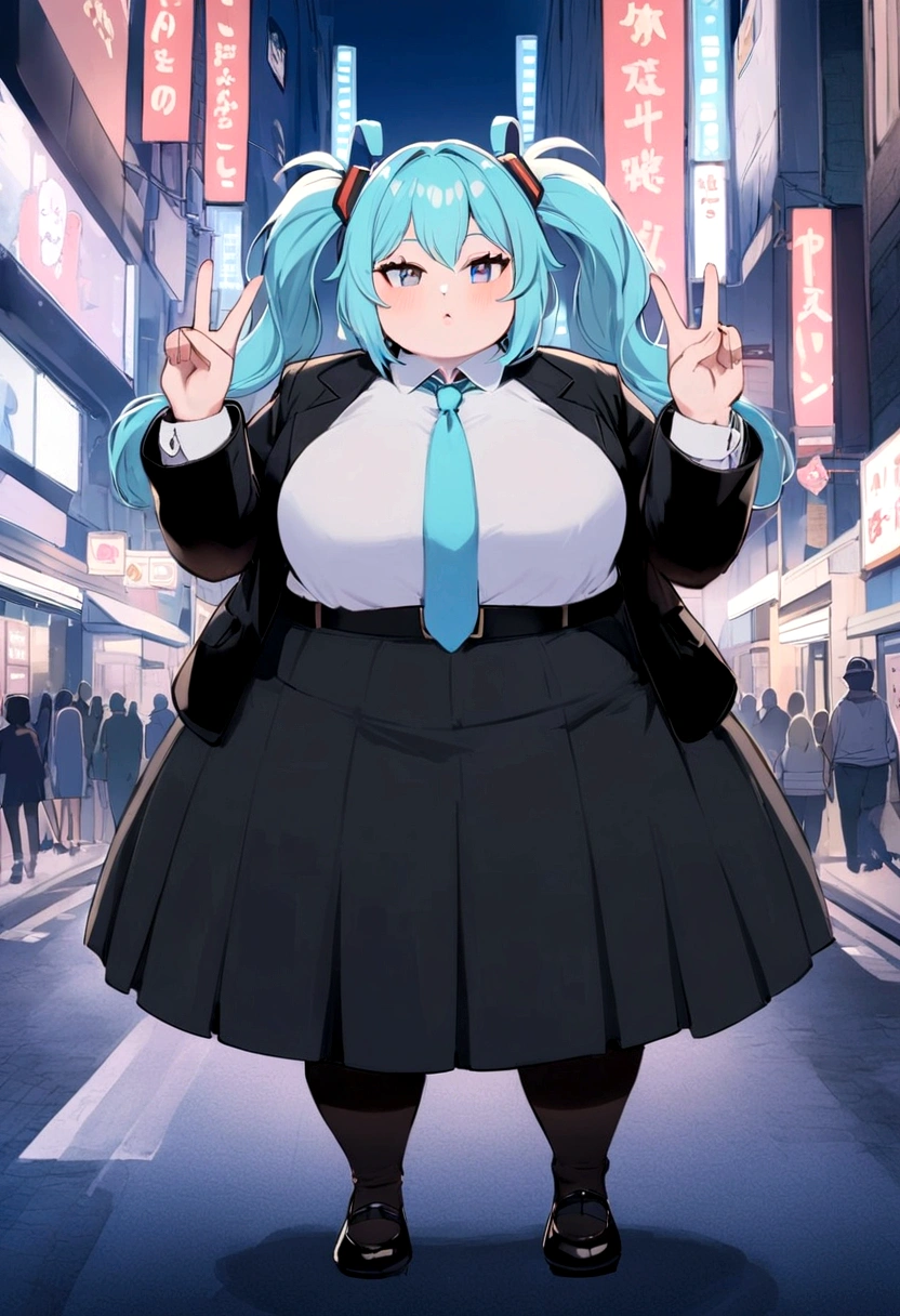 Lost in the City Lights,Black skirt,Light blue tie,Full body,Twin-tailed,lightblue hair,length hair,(Background Aqua),Five fingers,miku,Godzilla,Chubby Girls,cosplay

