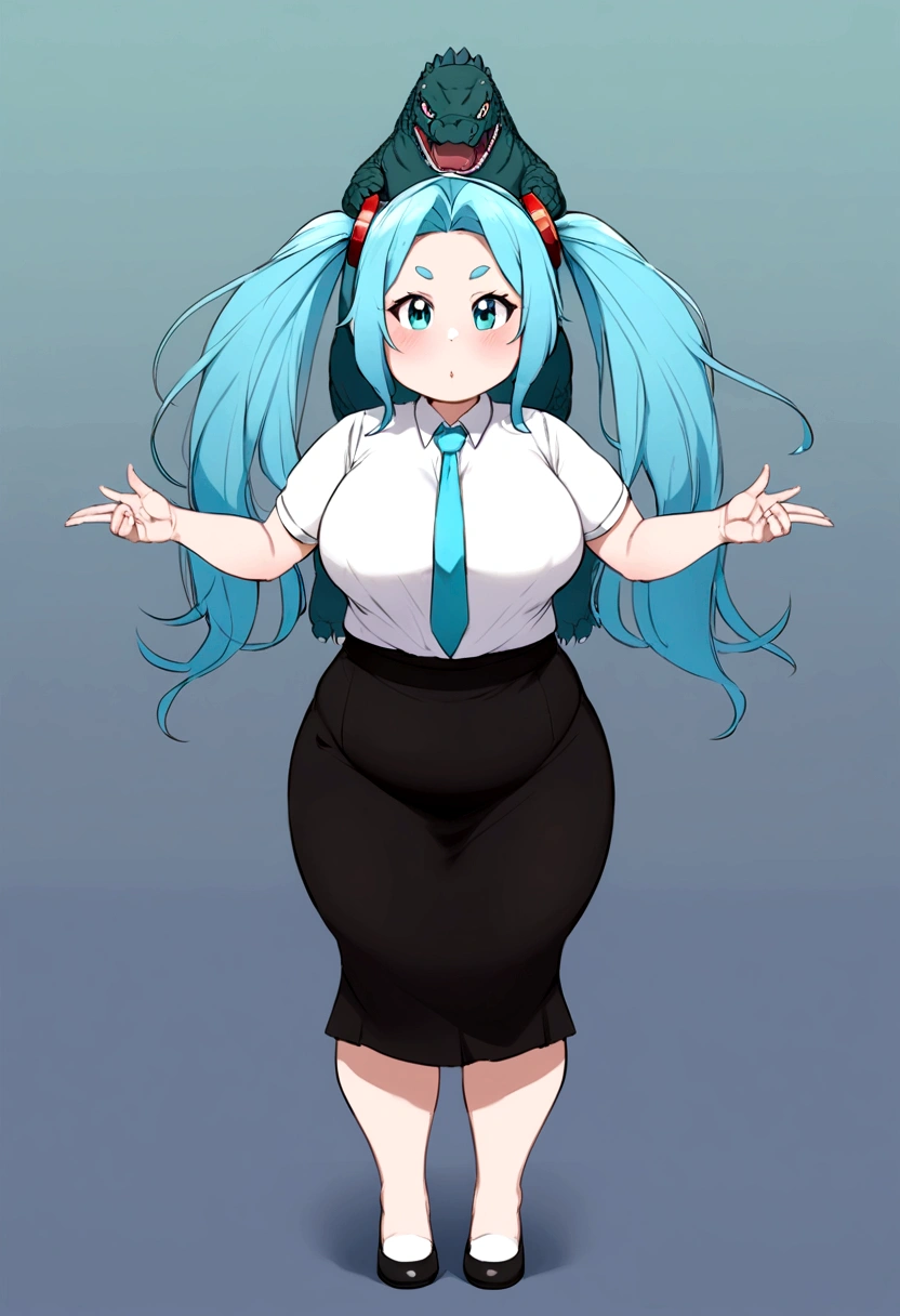 Lost in the City Lights,Black skirt,Light blue tie,Full body,Twin-tailed,lightblue hair,length hair,(Background Aqua),Five fingers,miku,Godzilla,Chubby Girls,cosplay

