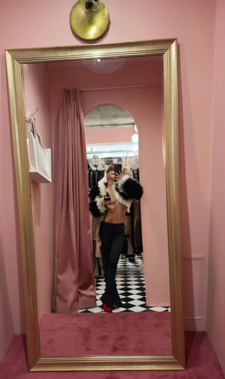 Create an image of a fashionable fitting room with a large, ornate mirror framed in gold. The room should have pink walls and a pink carpet. In the reflection of the mirror, show a woman with long wavy black hair with bangs taking a mirror selfie. They are wearing high-waisted black pants and red high heels, with a black and white fur jacket draped over their shoulders. The person should be standing sideways to the mirror, holding a phone with one hand and slightly tilting their body to emphasize their outfit. The fitting room should have pink curtains and some stylish clothes hanging in the background. The overall lighting should be soft and flattering, enhancing the warm and inviting atmosphere of the room.