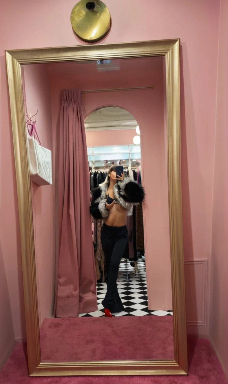 Create an image of a fashionable fitting room with a large, ornate mirror framed in gold. The room should have pink walls and a pink carpet. In the reflection of the mirror, show a woman with long wavy black hair with bangs taking a mirror selfie. They are wearing high-waisted black pants and red high heels, with a black and white fur jacket draped over their shoulders. The person should be standing sideways to the mirror, holding a phone with one hand and slightly tilting their body to emphasize their outfit. The fitting room should have pink curtains and some stylish clothes hanging in the background. The overall lighting should be soft and flattering, enhancing the warm and inviting atmosphere of the room.