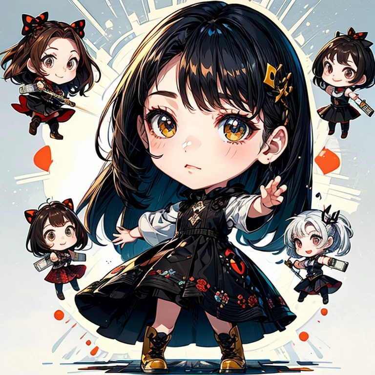 a child character with long brown hair and bangs, golden eyes and wearing a child's dress and brown boots, different angles, in the style of Miraculous Ladybug, character sheet, white background --ar 4:2, character poses，​masterpiece、top-quality、ultra-detailliert、(Chibi Chara　musicians:1.2)、(Artist Photography Flavor Images:1.2)、band vocals、