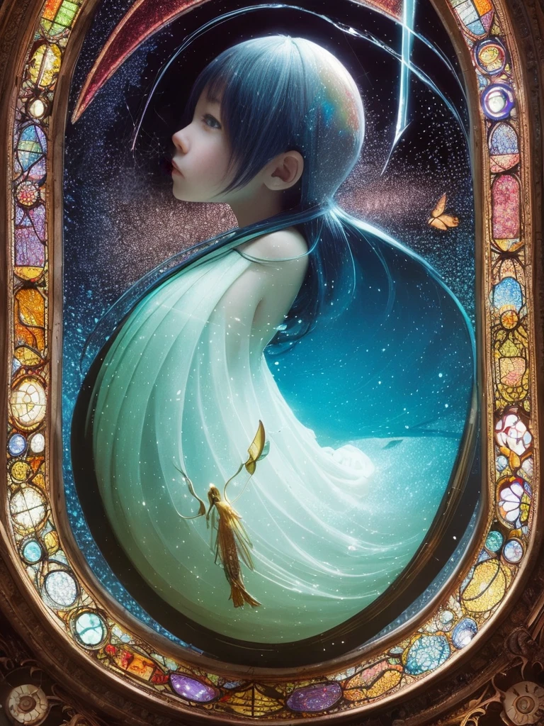 hyper cute, hyper big eyes, splash ink, two parts in one art, double exposure, hyperbolized details, pop surrealism, best quality, lady portrait, fragile, red, yellow, green, blue, black and white limited color palette, dynamic, transparency, night forest, inspired by Beeple, Craola, Andy Kehoe, Ray Caesar, 2d, flat, cute, adorable, vintage, art on a cracked paper, fairytale, patchwork, stained glass, storybook detailed illustration, cinematic, ultra highly detailed, tiny details, beautiful details, mystical, luminism, vibrant colors, complex background, Mysterious