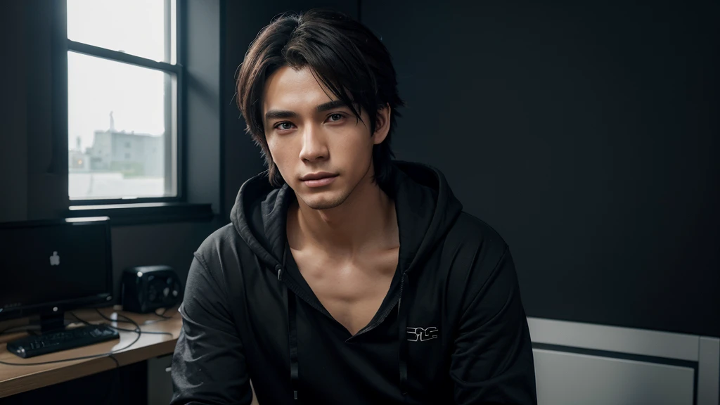 a 25-year-old friendly-looking anime man sitting behind a desk in a futuristic studio, wearing a black hoodie. window background, smooth, soft, ultra-sharp, detailed, looking straight forward, centered in the image, straight, front-facing a camera. handsome anime pose, anime lush john 8k woods, realistic anime artstyle, young anime man, high quality anime artstyle, anime style 4 k, handsome guy in demon slayer art, anime handsome man, trigger anime artstyle, realistic artstyle, in an anime style, realistic anime 3 d style,