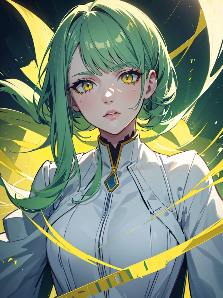 1,green hair,yellow eyes,low ponytail,white suit,green overall,upper body,hyper detailed,cinematic lighting,highly detailed facial features,extremely detailed eyes,beautiful detailed lips,beautiful detailed nose,best quality,masterpiece:1.2,professional