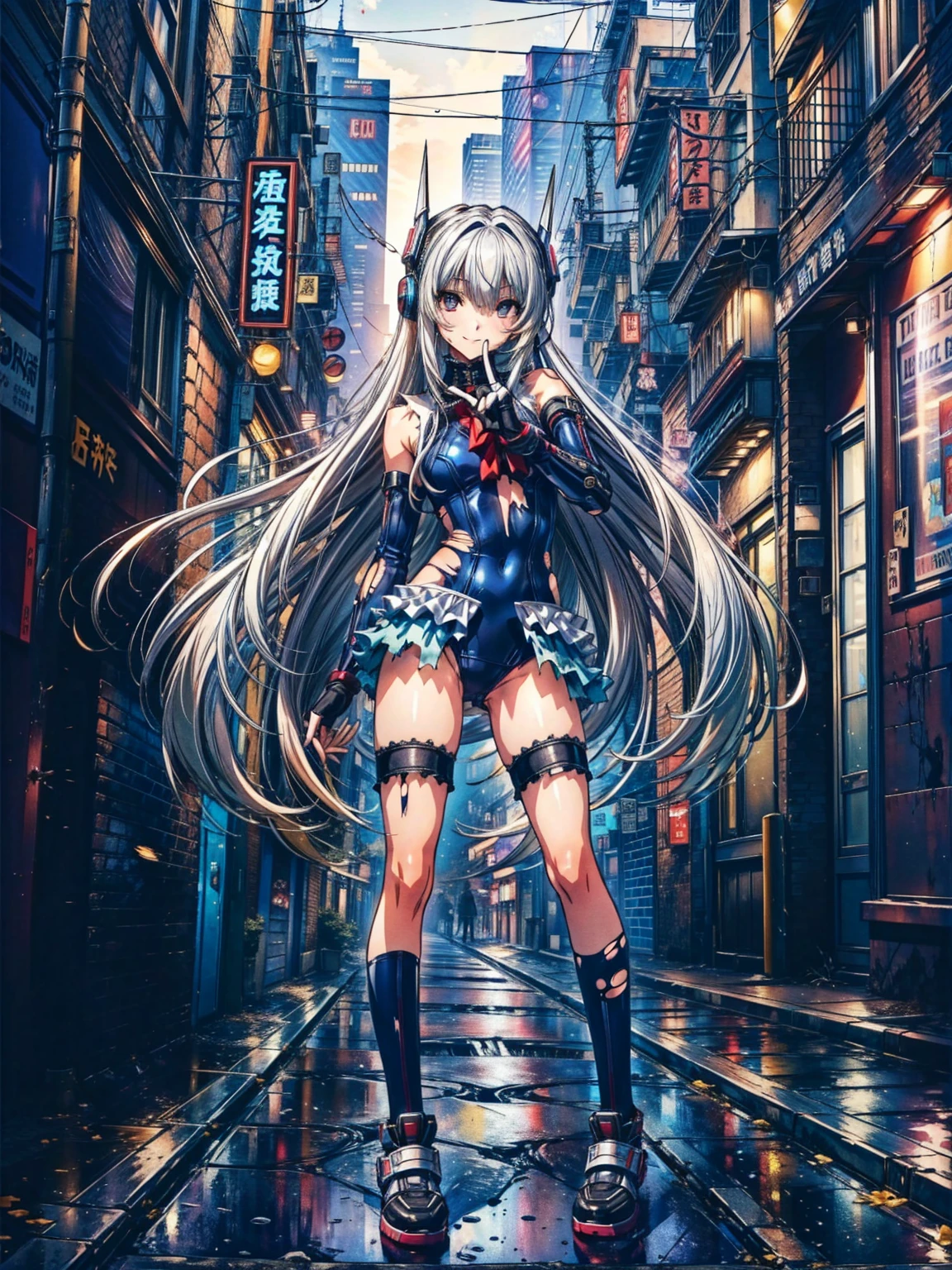 finest masterpiece, Super detailed, Highest quality, Sharp focus, 12k, ultra hi resolution picture, big ,12k,Perfect Anatomy, Highest quality, Marie Rose,Wicked Smile,Provocative attitude
,,evil Smile,Anime Style,(Frilled swimsuit, Knee socks, Removed sleeve), (Anime Style:1.4) ,
,(White fingers:1.1,Black gloves),
Hollow Eyes,,One Girl、(Cyberpunk townscape:1.4),,(Very long hair:1.6),(whole body:1.3),
Silver Hair,(Full Face Headgear:1.6),(Torn clothes:1.6),Are standing,(full body:1.2),