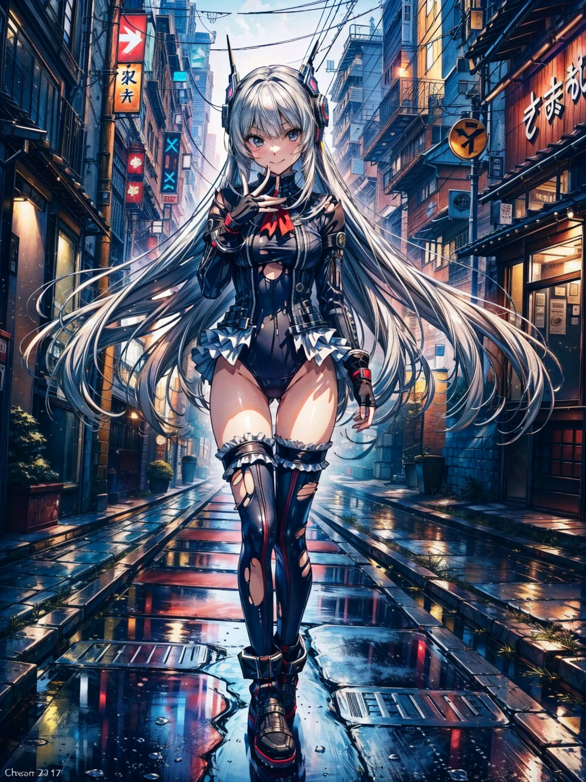 finest masterpiece, Super detailed, Highest quality, Sharp focus, 12k, ultra hi resolution picture, big ,12k,Perfect Anatomy, Highest quality, Marie Rose,Wicked Smile,Provocative attitude
,,evil Smile,Anime Style,(Frilled swimsuit, Knee socks, Removed sleeve), (Anime Style:1.4) ,
,(White fingers:1.1,Black gloves),
Hollow Eyes,,One Girl、(Cyberpunk townscape:1.4),,(Very long hair:1.6),(whole body:1.3),
Silver Hair,(Full Face Headgear:1.6),(Torn clothes:1.6),Are standing,(full body:1.2),